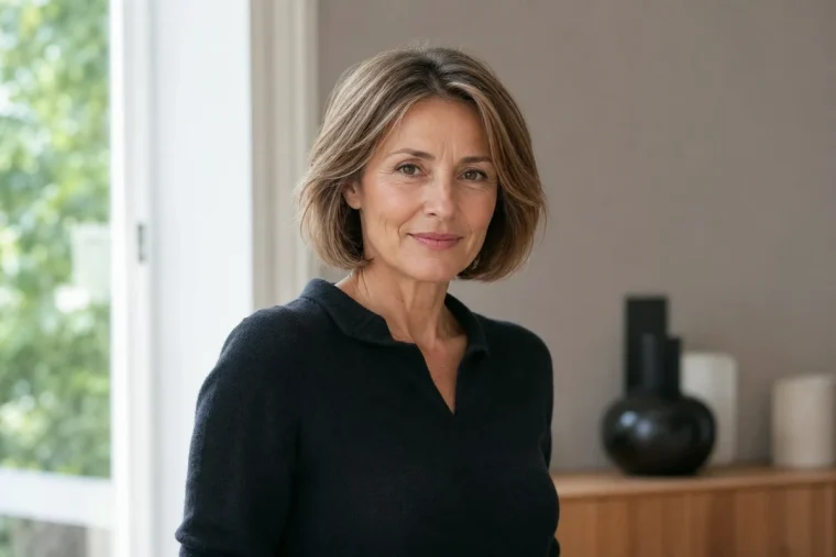 Femme de 55 ans avec un carré court au menton et volume à la couronne obtenu par dégradé interne