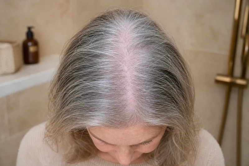 Gros plan d'une raie élargie sur cheveux gris fins, cuir chevelu visible, effet plat typique après 50 ans