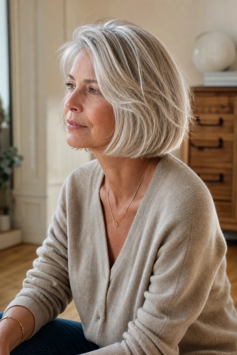 Femme de 60 ans en carré dégradé interne niveau mâchoire sur cheveux gris platine, volume visible au sommet