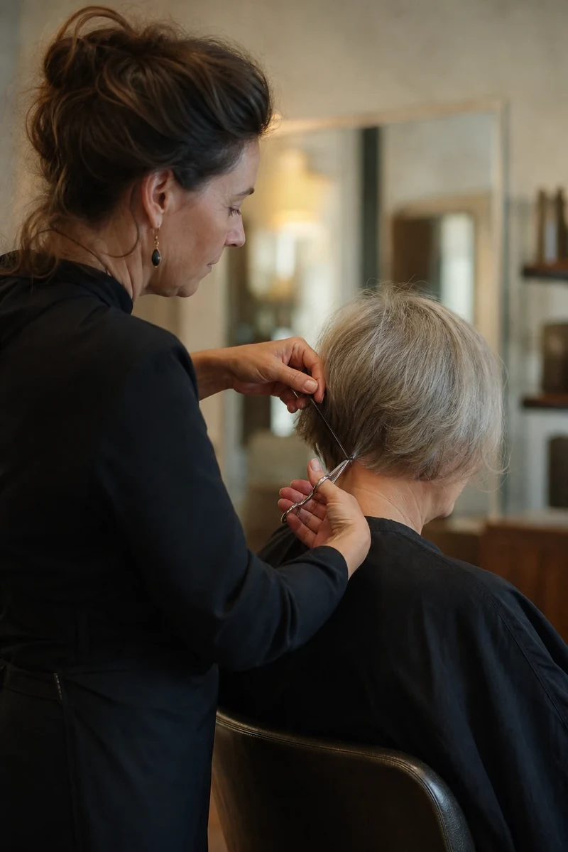 Coiffeuse effectuant un effilage aux pointes sèches sur cheveux gris fins en salon