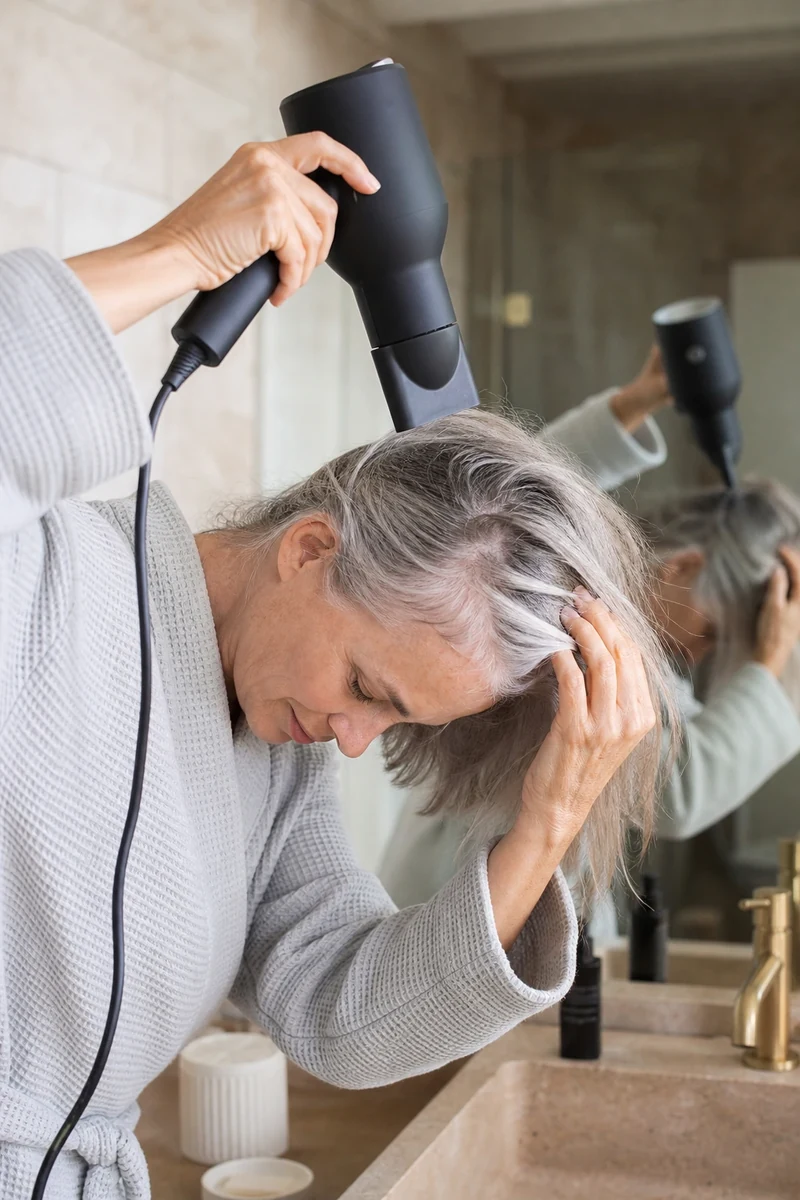 Femme séchant ses cheveux gris fins tête en bas, doigts qui soulèvent les racines pour créer du volume
