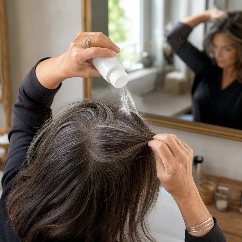 Application de poudre volumisante à 15 cm du cuir chevelu sur cheveux gris fins, mèche soulevée aux doigts