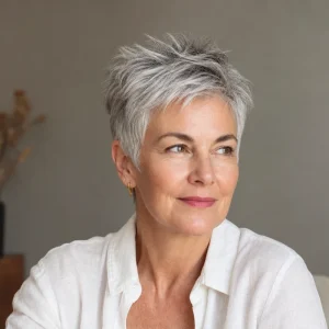 Femme de 55 ans en coupe pixie texturée sur cheveux gris argentés, racines soulevées et mèches effilées
