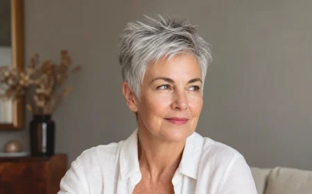 Femme de 55 ans en coupe pixie texturée sur cheveux gris argentés, racines soulevées et mèches effilées