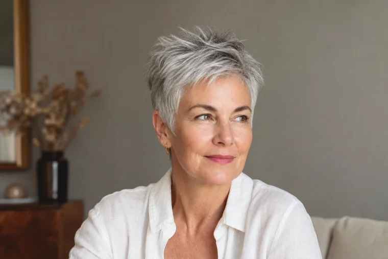 Femme de 55 ans en coupe pixie texturée sur cheveux gris argentés, racines soulevées et mèches effilées