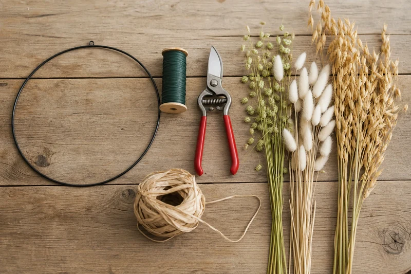 Matériel pour couronne de graminées DIY : cerceau métal, fil floral, sécateur, raphia et bottes d'herbes sauvages