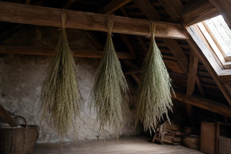 Bottes de graminées suspendues tête en bas dans un grenier pour séchage naturel