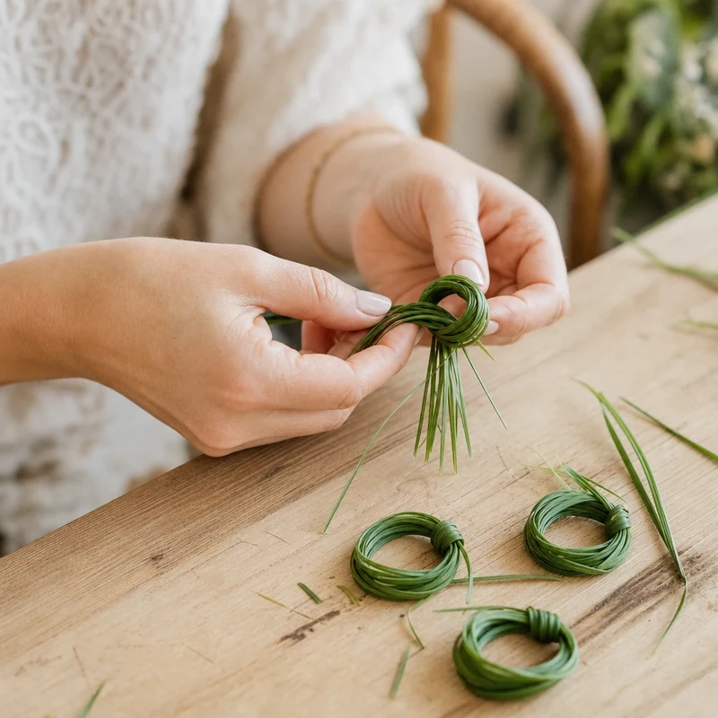 Mains en train de former un nœud d'herbes fraîches pour la variante 1 de la couronne DIY