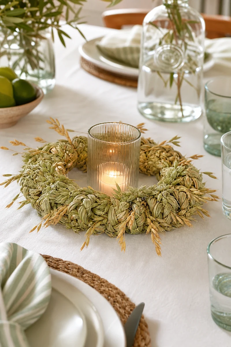 Couronne d'herbes à nœuds vert-beige de 25 cm avec photophore allumé au centre, en table d'été