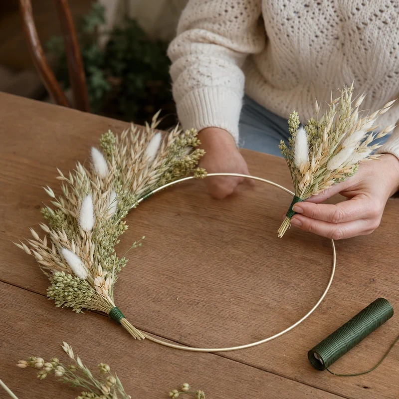 Cerceau de 25 cm en cours de montage pour couronne d'herbes en tuile, variante 2