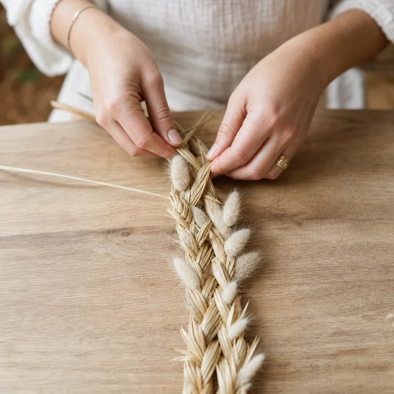 Tressage à plat de trois mèches de graminées pour la couronne tressée, variante 3