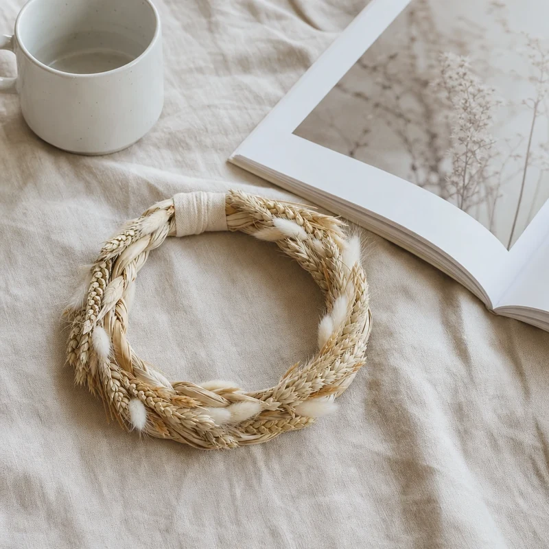 Couronne d'herbes tressée style scandinave de 22 cm, avoine, blé et lagurus, sur lin naturel