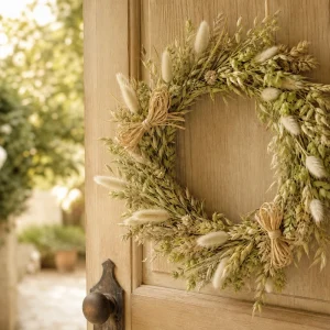 Couronne d'herbes séchées beige et dorée accrochée à une porte en bois d'une maison de campagne, avec deux nœuds en raphia