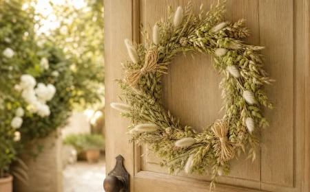 Couronne d'herbes séchées beige et dorée accrochée à une porte en bois d'une maison de campagne, avec deux nœuds en raphia