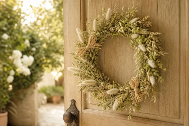 Couronne d'herbes séchées beige et dorée accrochée à une porte en bois d'une maison de campagne, avec deux nœuds en raphia