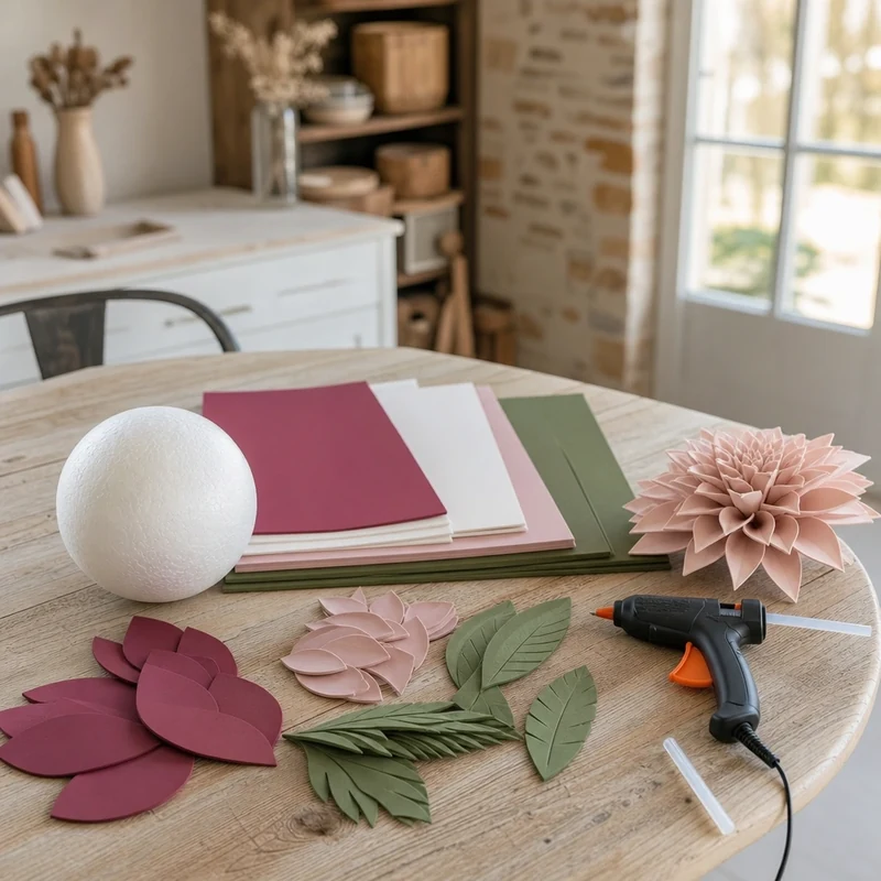 Matériel pour fabriquer un dahlia XXL en mousse EVA : feuilles, boule polystyrène, pistolet à colle
