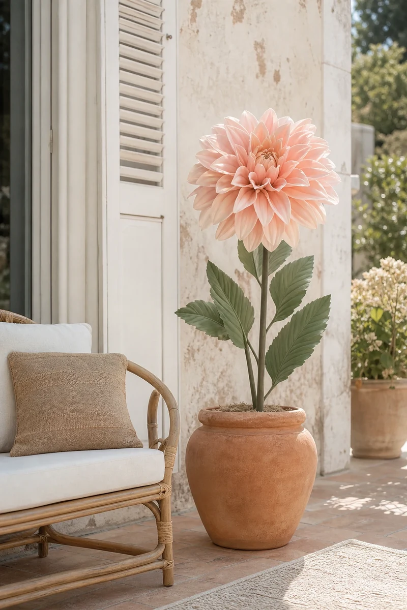 Dahlia XXL fini en mousse EVA dans un pot en terre cuite sur une terrasse