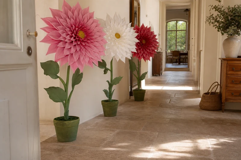 Trois dahlias XXL en mousse EVA de couleurs différentes plantés le long d'une allée