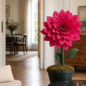 Dahlia XXL fait main en mousse EVA rose fuchsia planté dans un massif de jardin