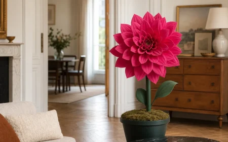 Dahlia XXL fait main en mousse EVA rose fuchsia planté dans un massif de jardin