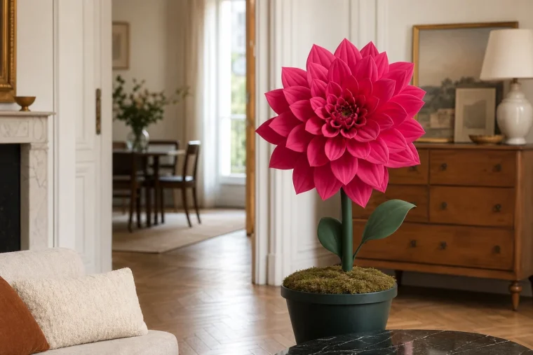 Dahlia XXL fait main en mousse EVA rose fuchsia planté dans un massif de jardin