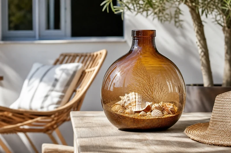 Dame-jeanne ambrée décorée en style maritime avec sable et coquillages sur une terrasse d'été