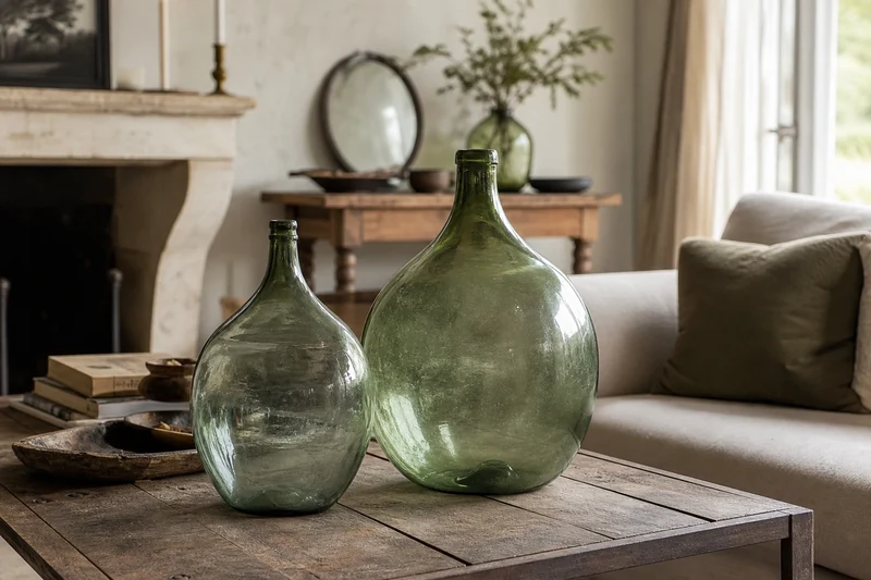 Duo de deux dames-jeannes vertes dépareillées dans un salon français de style brocante