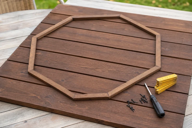 Assemblage du cadre heptagonal en tasseaux de mélèze sur un fond de planches lasurées