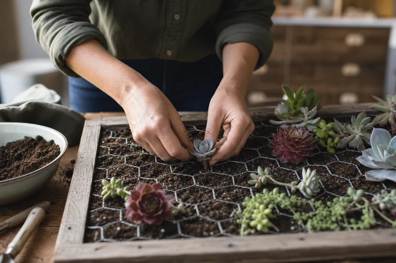 Plantation d'une bouture d'Echeveria à travers le grillage à poule