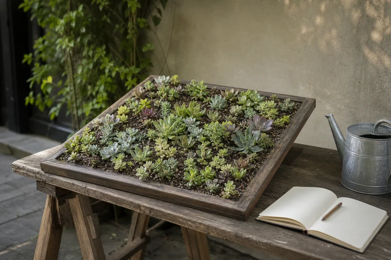 Tableau de succulentes posé à plat pendant la phase d'enracinement d'un mois