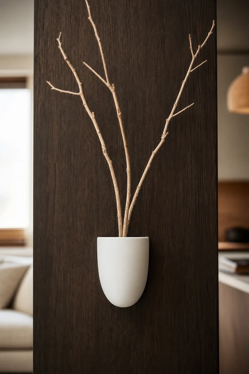 Demi-pot en céramique blanche avec branches naturelles remontant vers le tableau