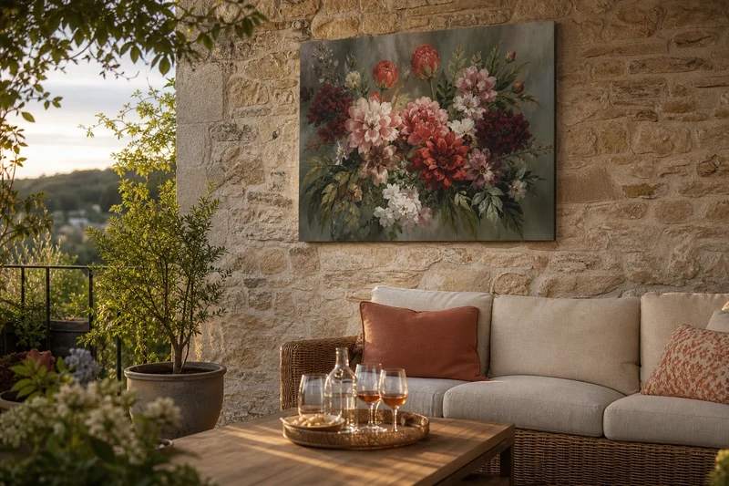 Le tableau mural de succulentes intégré dans un coin salon de terrasse en été