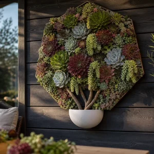 Tableau mural XXL de succulentes en forme de bouquet géant sur un mur de terrasse en bois foncé