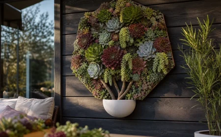 Tableau mural XXL de succulentes en forme de bouquet géant sur un mur de terrasse en bois foncé
