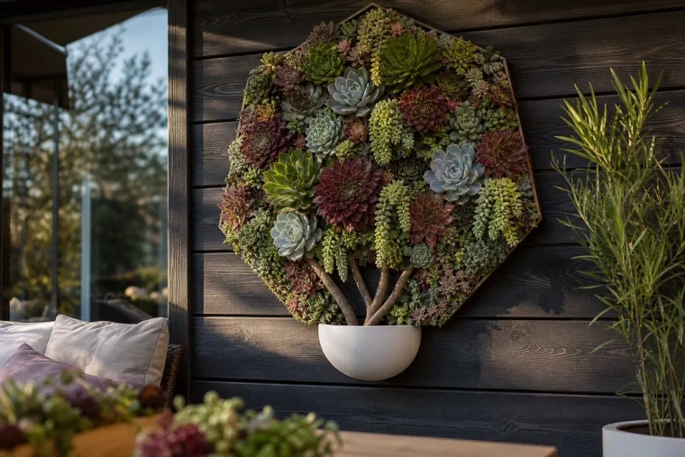 Tableau mural XXL de succulentes en forme de bouquet géant sur un mur de terrasse en bois foncé