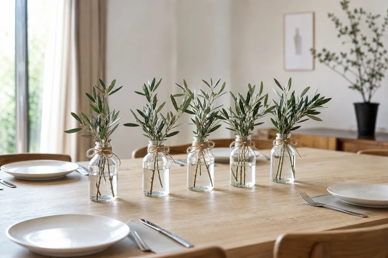 Petits vases en verre alignés au centre d'une table avec branches d'olivier et cordelette de jute