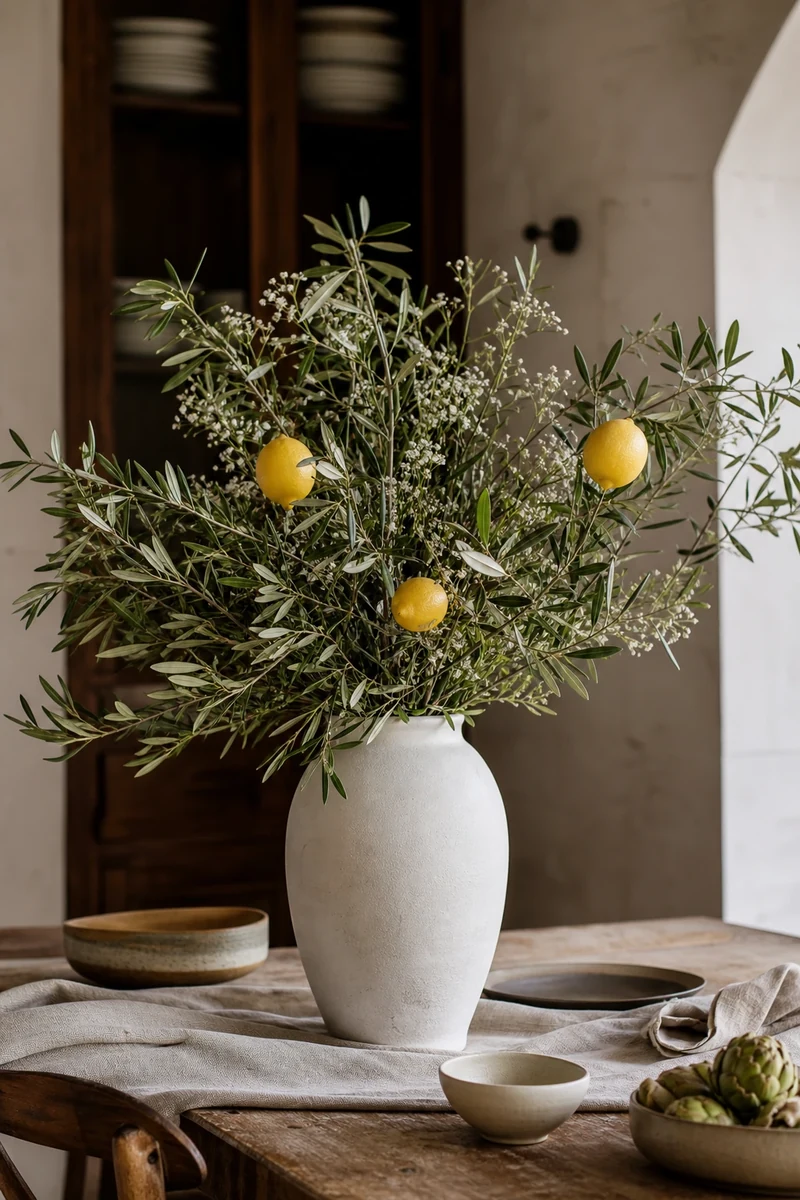 Grand vase en céramique blanche rempli de branches d'olivier, citrons jaunes et gypsophile