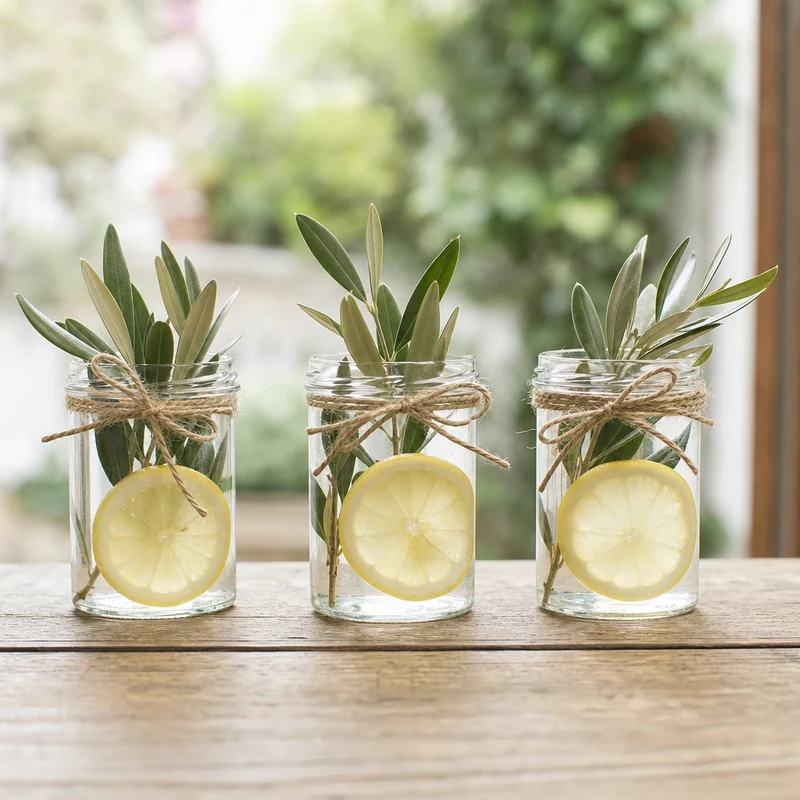 Bocaux en verre transformés en petits vases avec branche d'olivier et rondelle de citron