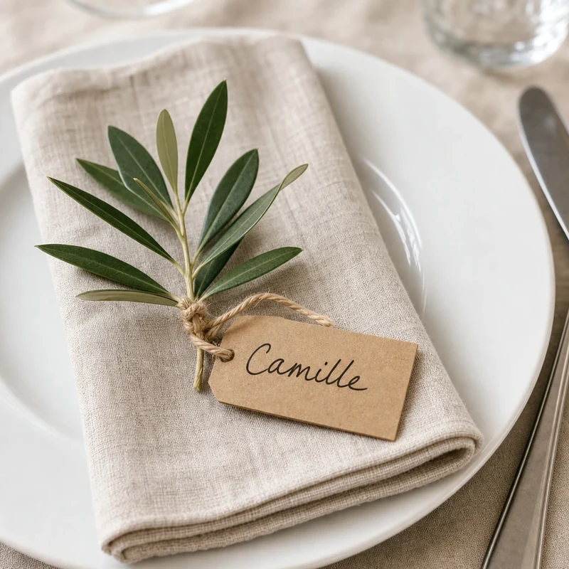Marque-place fait maison avec rameau d'olivier et étiquette kraft attachée par une ficelle de jute