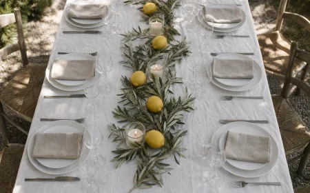 Table d'été dressée avec chemin de table en branches d'olivier fraîches, citrons jaunes et bougies blanches sur nappe en lin