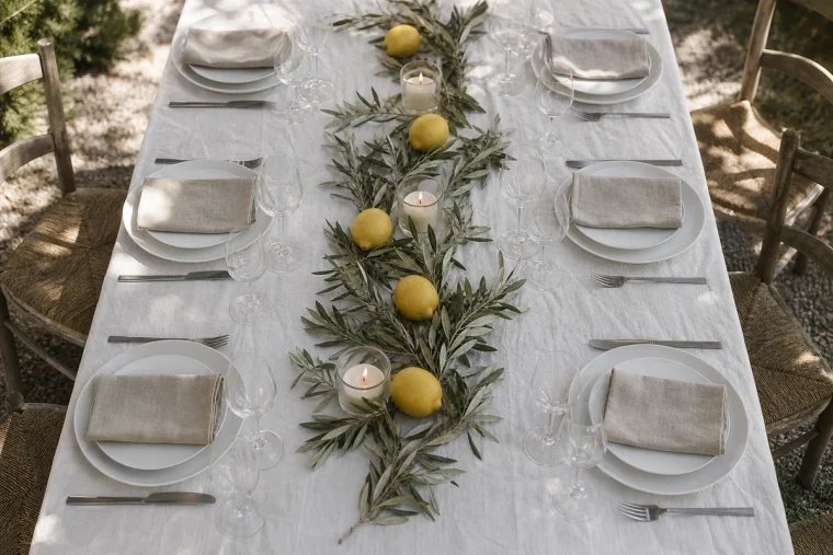 Table d'été dressée avec chemin de table en branches d'olivier fraîches, citrons jaunes et bougies blanches sur nappe en lin