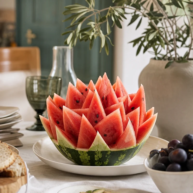 Pastèque découpée en fleur de lotus, prête à être servie sur un buffet