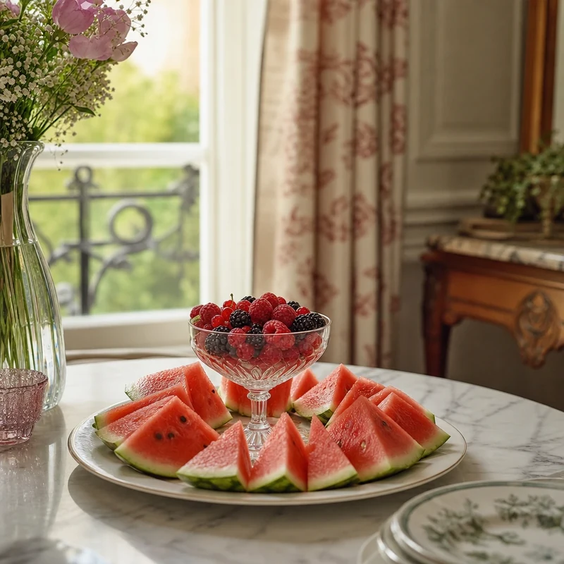 Triangles de pastèque disposés en couronne autour d'un verre à pied rempli de fruits rouges