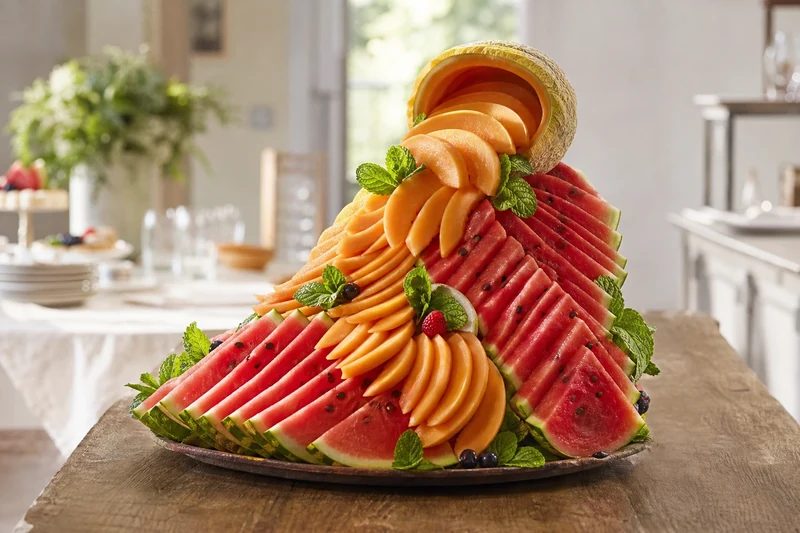Éventail versé de pastèque et melon charentais, technique de traiteur pour buffet