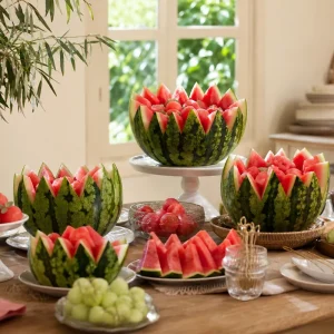 Buffet d'été avec une pastèque découpée en fleur de lotus et différentes présentations décoratives