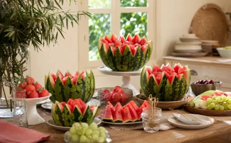 Buffet d'été avec une pastèque découpée en fleur de lotus et différentes présentations décoratives