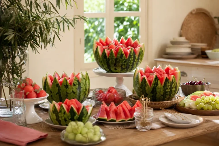 Buffet d'été avec une pastèque découpée en fleur de lotus et différentes présentations décoratives