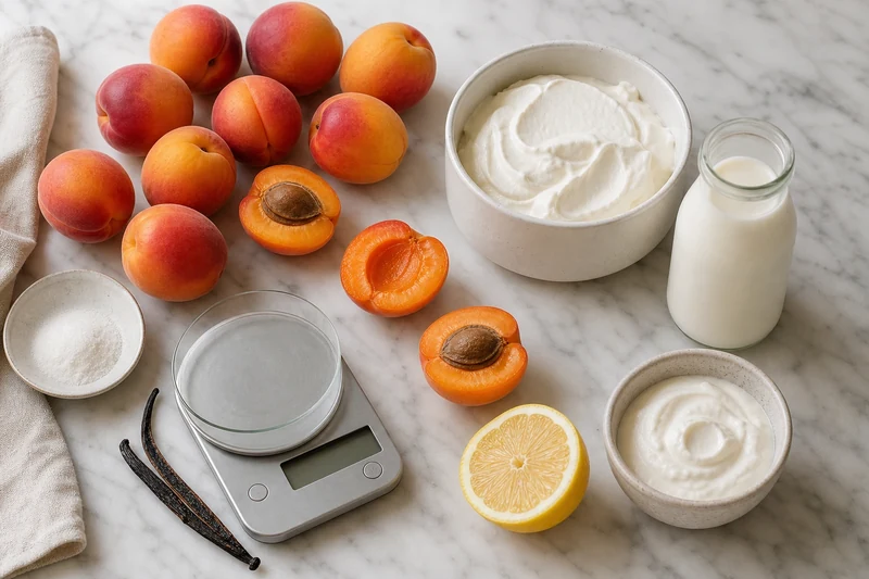 Ingrédients pour trois desserts aux abricots sans cuisson : abricots frais, mascarpone, crème, agar-agar, yaourt grec