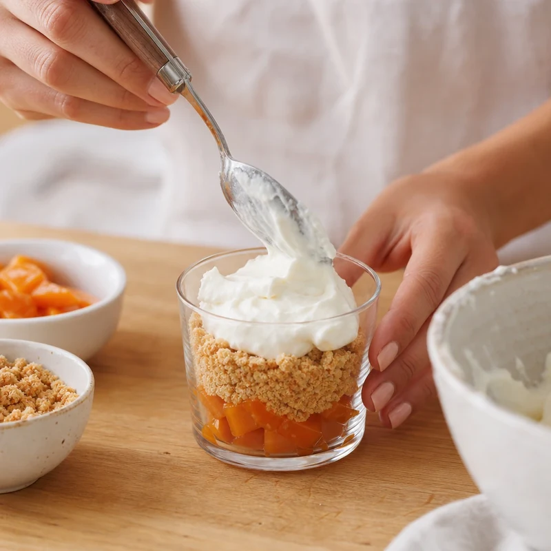 Dressage de la verrine abricot-mascarpone couche par couche, sans cuisson