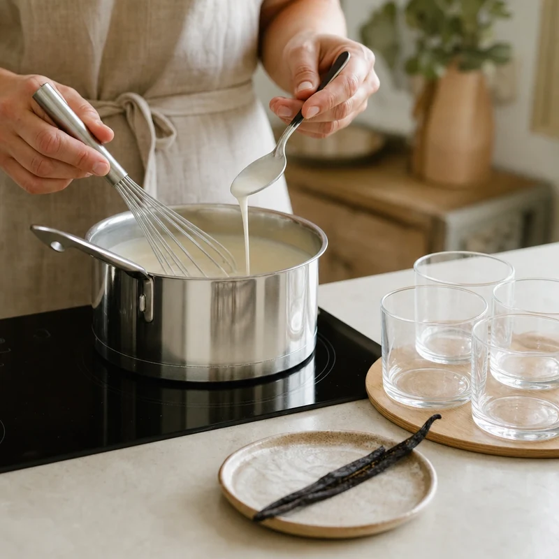 Ajout de l'agar-agar délayé dans la crème chaude pour la panna cotta express